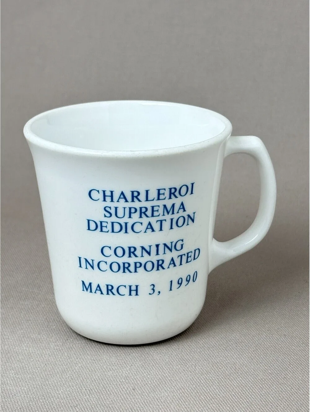 Vintage Corning Glass Mug Charleroi Suprema Dedication 1990 White Milk Glass